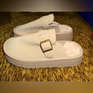 Women's Beige Slip-On Faux Fur Platform Clog